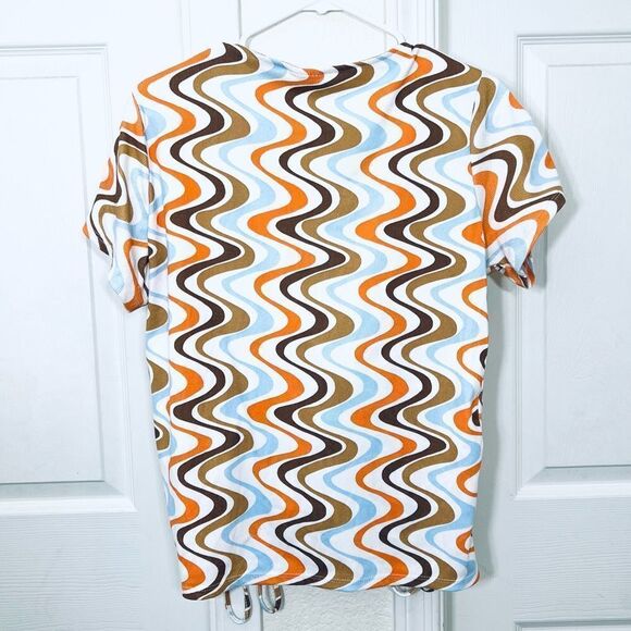 Funky Retro 70’s Top White Blue Brown Orange Geo Stripes Ribbed Short Sleeve XL - Picture 9 of 10